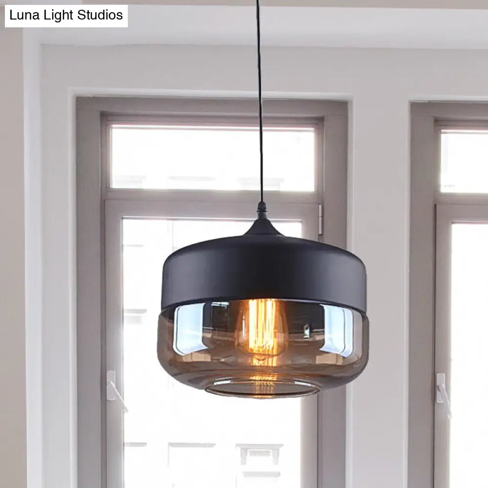 Industrial Cylinder Pendant Light with Brown Glass Shade - 1-Light Hanging Ceiling Fixture in Black, 5"/7"/8" Wide