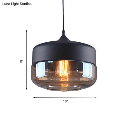 Industrial Cylinder Pendant Light with Brown Glass Shade - 1-Light Hanging Ceiling Fixture in Black, 5"/7"/8" Wide