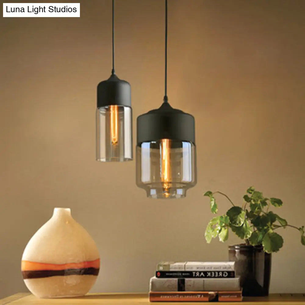 Industrial Cylinder Pendant Light with Brown Glass Shade - 1-Light Hanging Ceiling Fixture in Black, 5"/7"/8" Wide