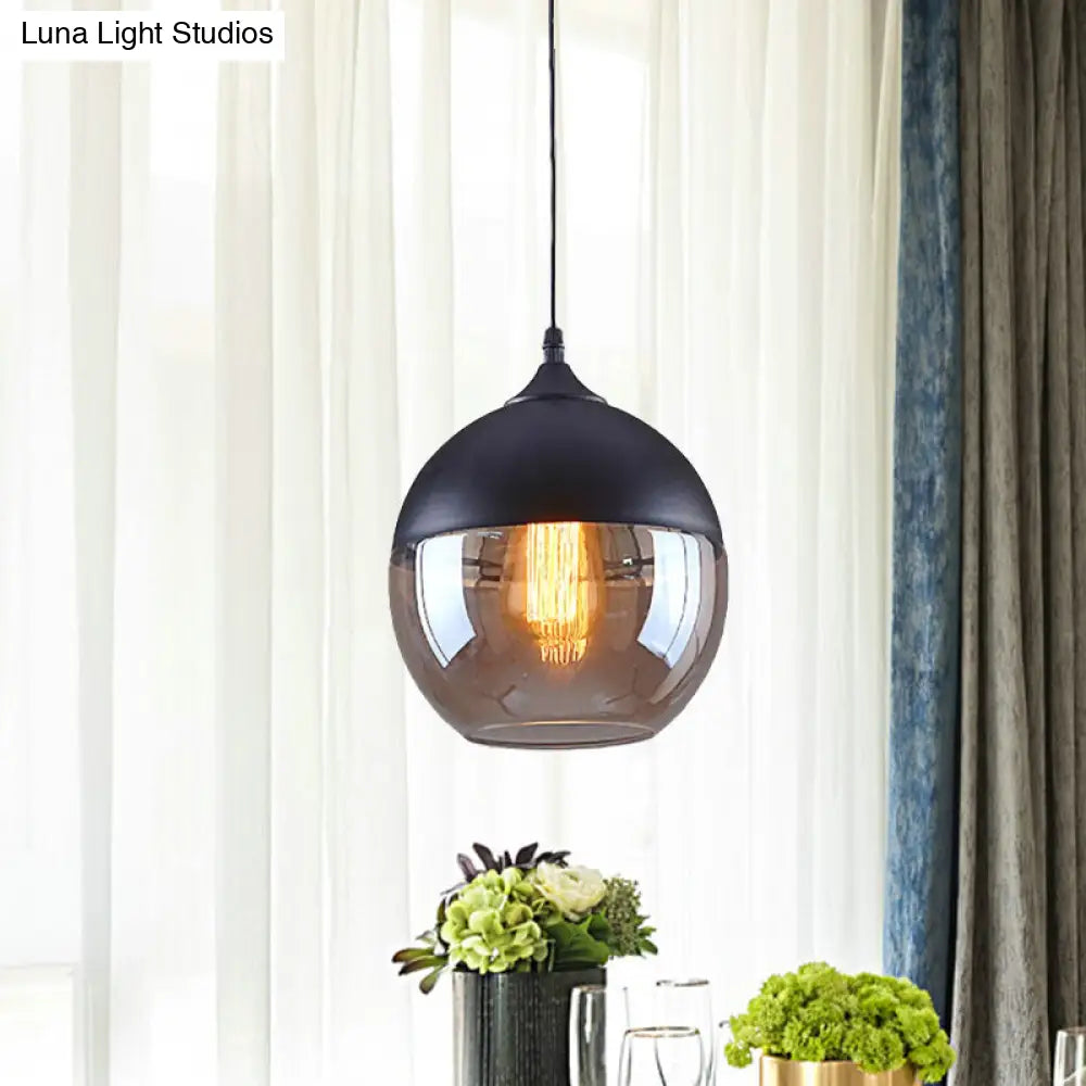 Industrial Cylinder Pendant Light with Brown Glass Shade - 1-Light Hanging Ceiling Fixture in Black, 5"/7"/8" Wide