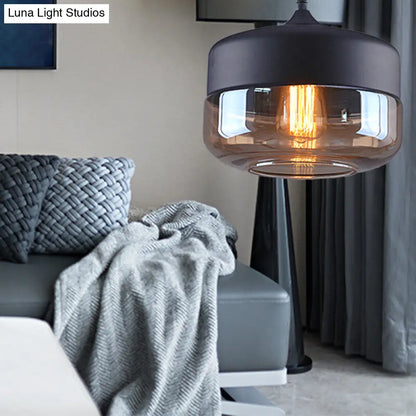 Industrial Cylinder Pendant Light with Brown Glass Shade - 1-Light Hanging Ceiling Fixture in Black, 5"/7"/8" Wide