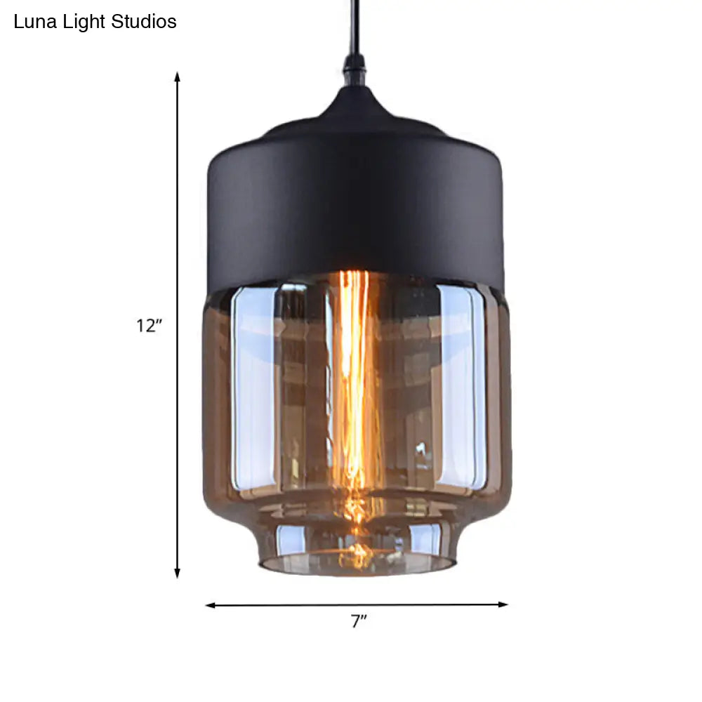 Industrial Cylinder Pendant Light with Brown Glass Shade - 1-Light Hanging Ceiling Fixture in Black, 5"/7"/8" Wide