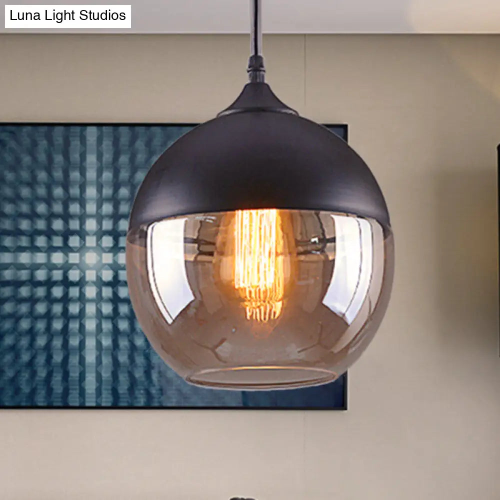 Industrial Cylinder Pendant Light with Brown Glass Shade - 1-Light Hanging Ceiling Fixture in Black, 5"/7"/8" Wide