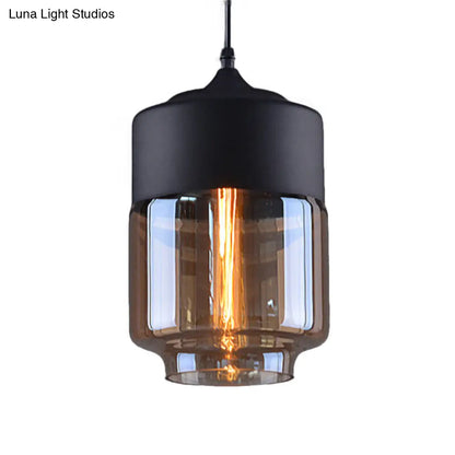 Industrial Cylinder Pendant Light with Brown Glass Shade - 1-Light Hanging Ceiling Fixture in Black, 5"/7"/8" Wide