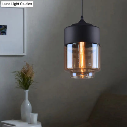 Industrial Cylinder Pendant Light with Brown Glass Shade - 1-Light Hanging Ceiling Fixture in Black, 5"/7"/8" Wide