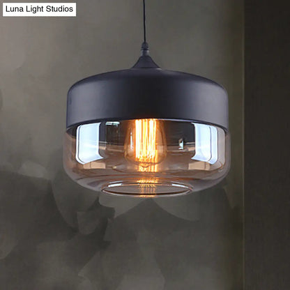 Industrial Cylinder Pendant Light with Brown Glass Shade - 1-Light Hanging Ceiling Fixture in Black, 5"/7"/8" Wide