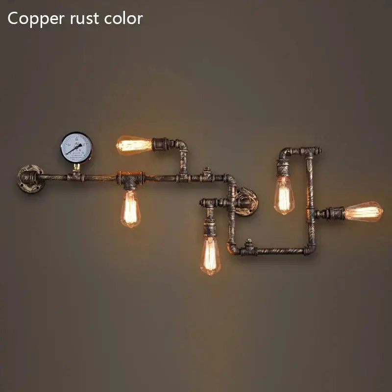 Industrial dark brass pipe wall lights with copper rust pipes and vintage Edison bulbs for living room decor