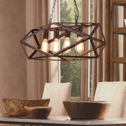 Industrial-style wrought iron geometric island pendant light with dark bronze frame and four exposed edison bulbs