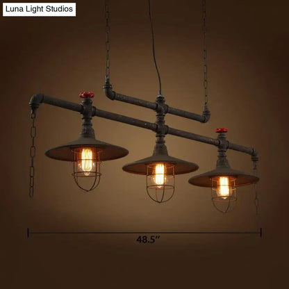 Decorbites rustic cone island pendant light with three exposed bulbs dark rust iron wire frame and pipe arms