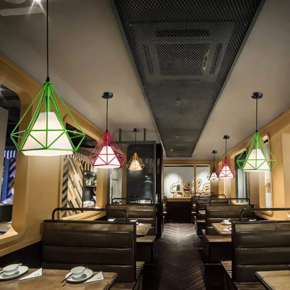 Green industrial diamond cage pendant chandelier with geometric wireframe design for kitchen and living room