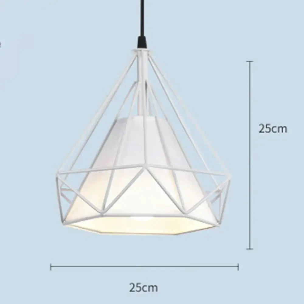White geometric industrial diamond cage pendant chandelier with metal frame and frosted glass shade for kitchen and living room
