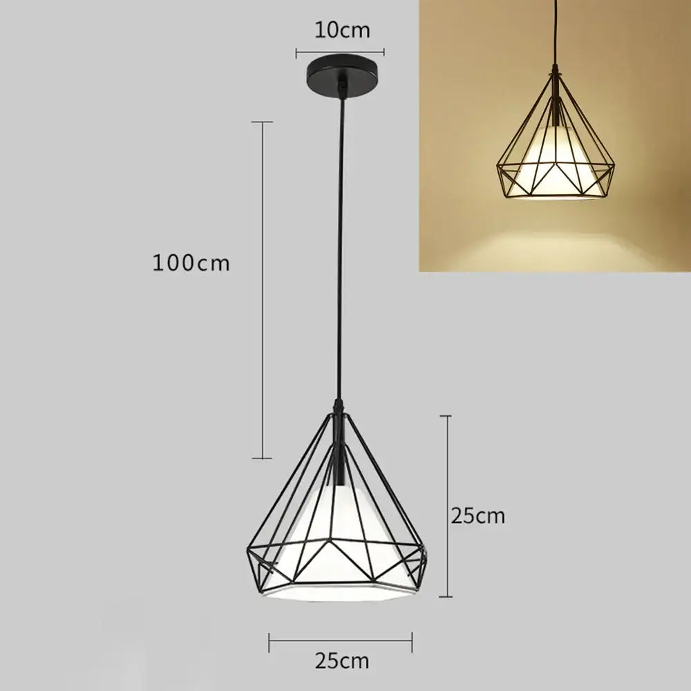 Black metal diamond cage pendant chandelier with geometric frame and frosted glass shade for kitchen and living room
