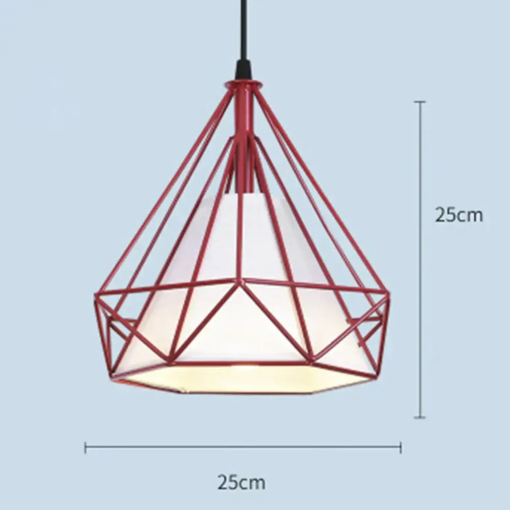 Red geometric metal diamond cage pendant with white diffuser for kitchen and living room cage pendant chandelier