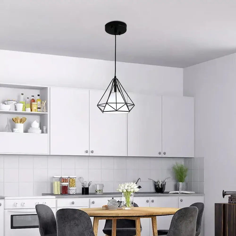Black diamond cage pendant chandelier with minimalist metal frame and frosted glass shade for kitchen and living room