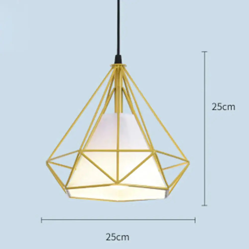 Gold geometric diamond cage pendant light with faceted frame and frosted diffuser for kitchen and living room