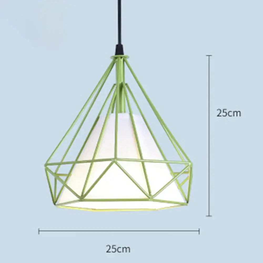 A modern lime green metal diamond cage pendant chandelier with white fabric shade for kitchen and living room