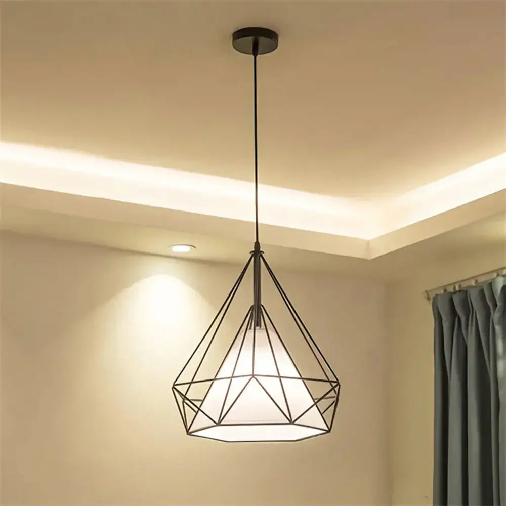 Black metal industrial diamond cage pendant chandelier with frosted glass shade for kitchen and living room lighting