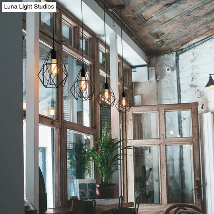 Industrial Diamond Cage Pendant Light in Black Finish - Perfect for Dining Room Ceilings