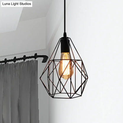 Industrial Diamond Cage Pendant Light in Black Finish - Perfect for Dining Room Ceilings