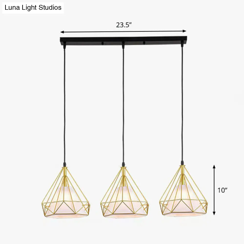 Industrial Diamond Cage Pendant Light with 3 Iron Heads - Stylish Lighting for Dining Room