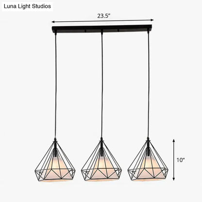 Industrial Diamond Cage Pendant Light with 3 Iron Heads - Stylish Lighting for Dining Room