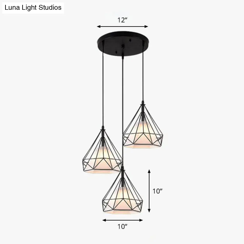 Industrial Diamond Cage Pendant Light with 3 Iron Heads - Stylish Lighting for Dining Room