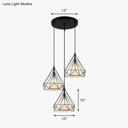 Industrial Diamond Cage Pendant Light with 3 Iron Heads - Stylish Lighting for Dining Room