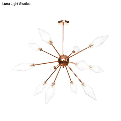 Industrial Diamond Glass Chandelier Lamp - 9/12/15 Lights - Hanging Ceiling Fixture with Starburst Design - Amber/Clear
