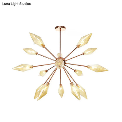 Industrial Diamond Glass Chandelier Lamp - 9/12/15 Lights - Hanging Ceiling Fixture with Starburst Design - Amber/Clear