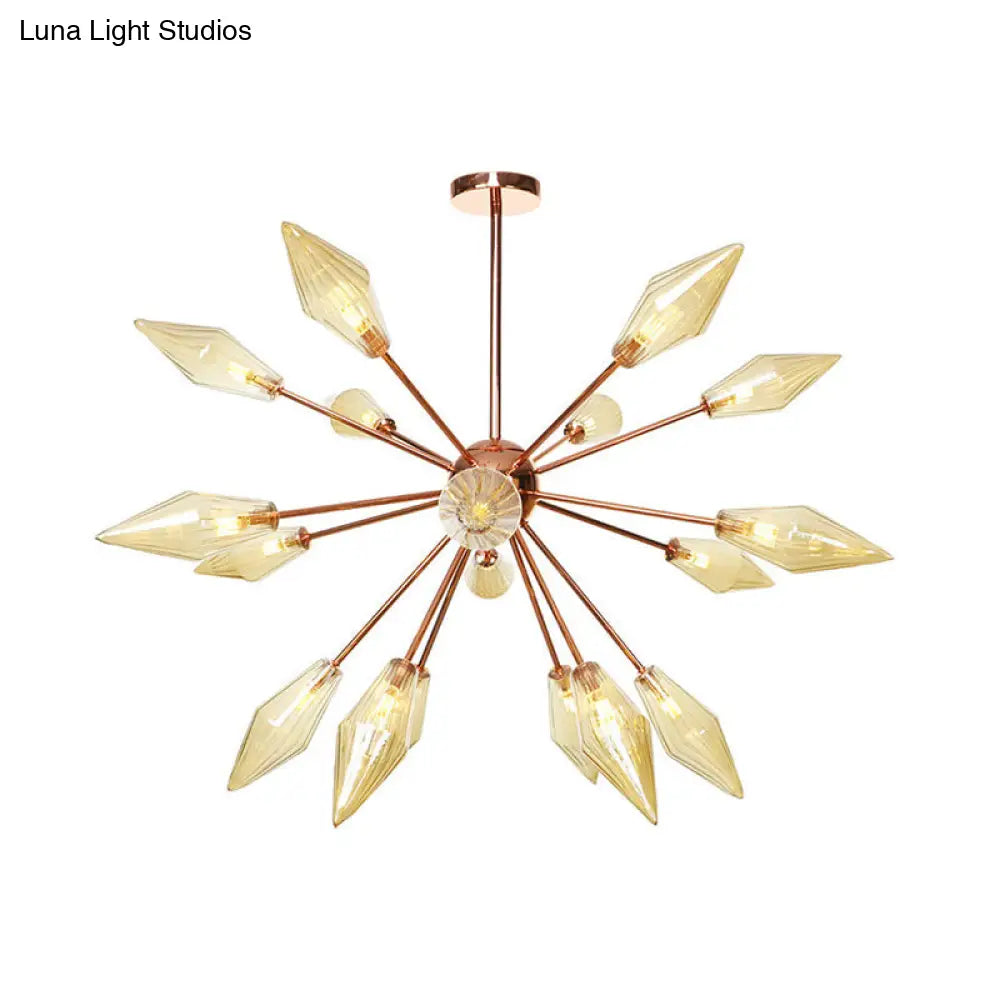 Industrial Diamond Glass Chandelier Lamp - 9/12/15 Lights - Hanging Ceiling Fixture with Starburst Design - Amber/Clear