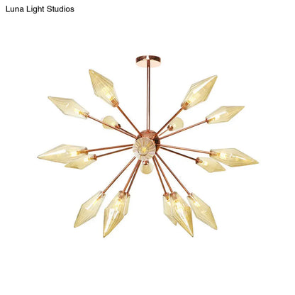 Industrial Diamond Glass Chandelier Lamp - 9/12/15 Lights - Hanging Ceiling Fixture with Starburst Design - Amber/Clear