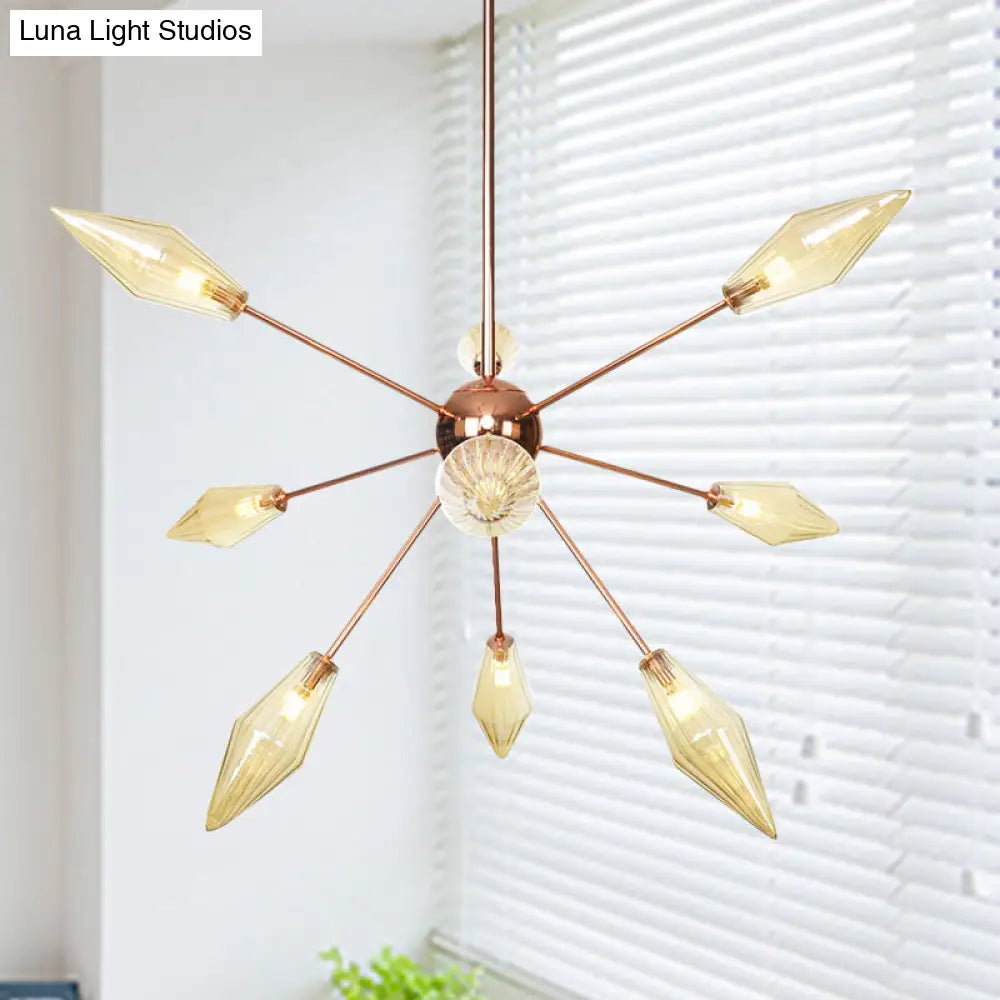 Industrial Diamond Glass Chandelier Lamp - 9/12/15 Lights - Hanging Ceiling Fixture with Starburst Design - Amber/Clear