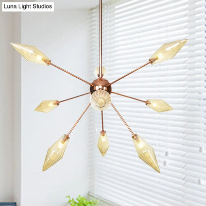 Industrial Diamond Glass Chandelier Lamp - 9/12/15 Lights - Hanging Ceiling Fixture with Starburst Design - Amber/Clear
