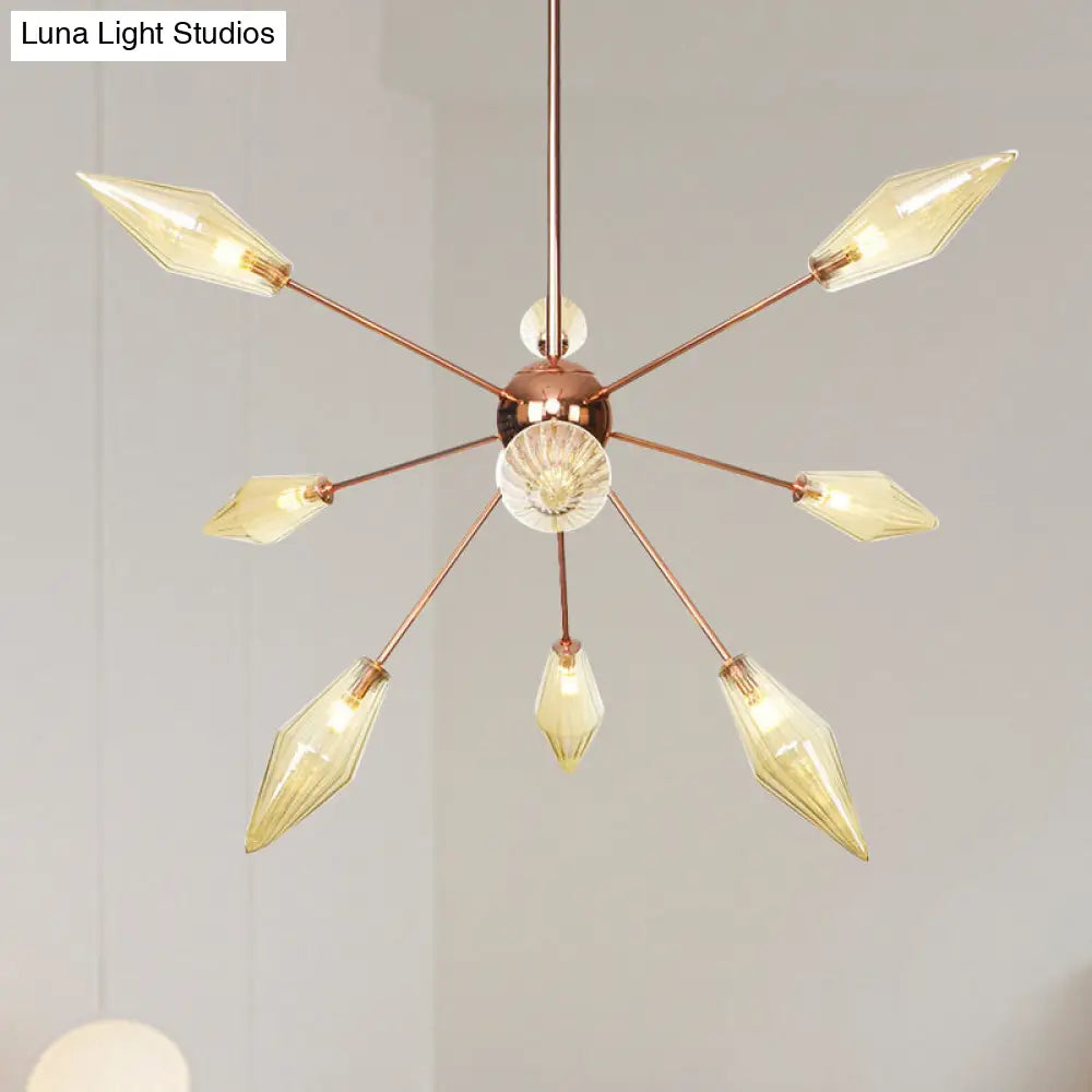 Industrial Diamond Glass Chandelier Lamp - 9/12/15 Lights - Hanging Ceiling Fixture with Starburst Design - Amber/Clear
