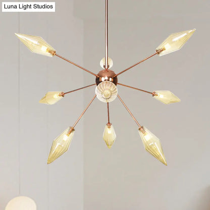 Industrial Diamond Glass Chandelier Lamp - 9/12/15 Lights - Hanging Ceiling Fixture with Starburst Design - Amber/Clear