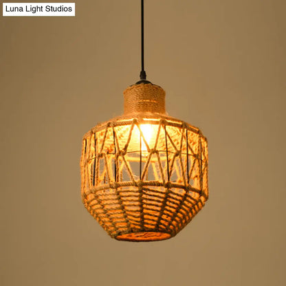 Industrial Dining Pendant Light with Beige Geometry Rope Shade