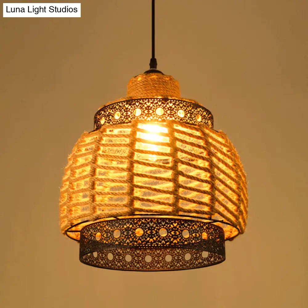 Industrial Dining Pendant Light with Beige Geometry Rope Shade