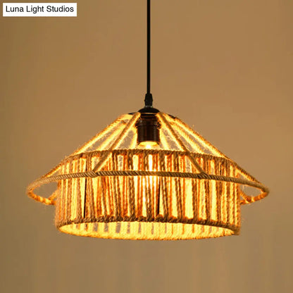 Industrial Dining Pendant Light with Beige Geometry Rope Shade