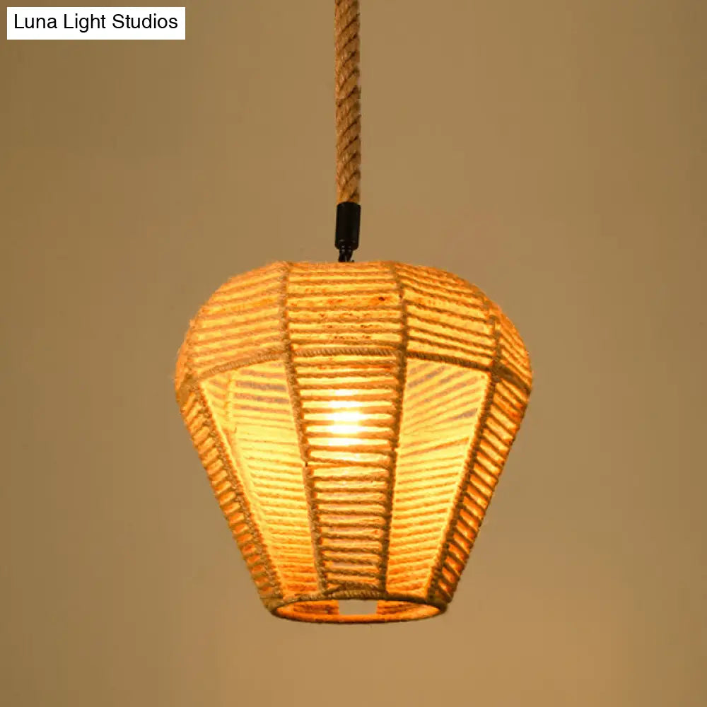 Industrial Dining Pendant Light with Beige Geometry Rope Shade