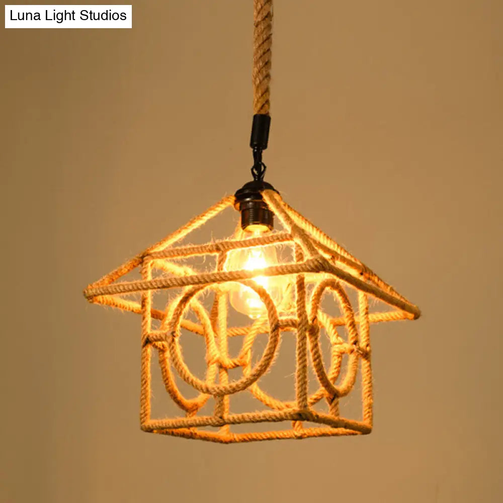 Industrial Dining Pendant Light with Beige Geometry Rope Shade