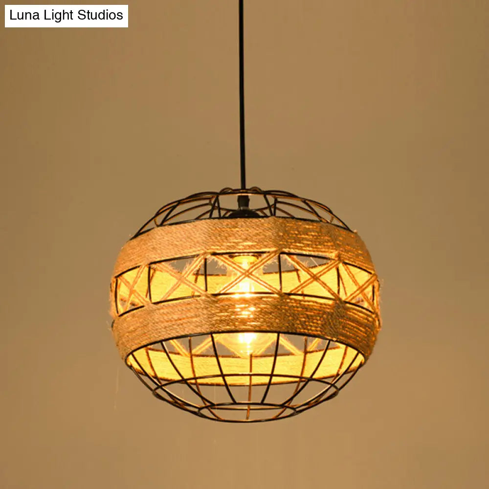 Industrial Dining Pendant Light with Beige Geometry Rope Shade