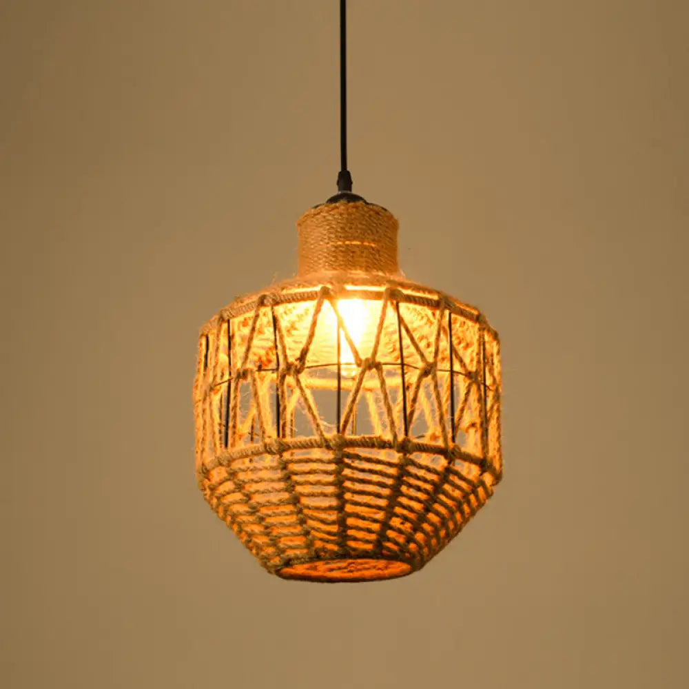 Industrial Dining Pendant Light with Beige Geometry Rope Shade