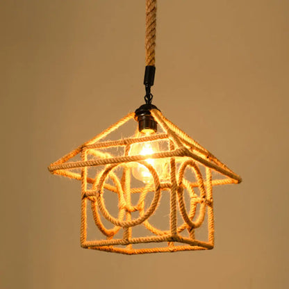 Industrial Dining Pendant Light with Beige Geometry Rope Shade