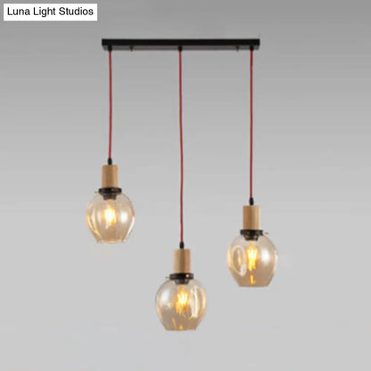 Industrial Dining Room Pendant: 3-Light Hanging Light with Blown Glass Bubble Shades in Clear/Amber/Smoke Grey