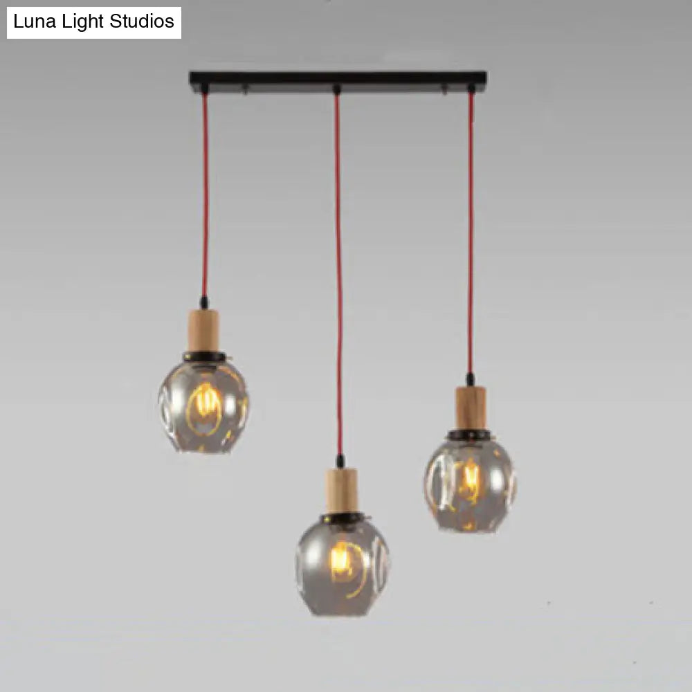 Industrial Dining Room Pendant: 3-Light Hanging Light with Blown Glass Bubble Shades in Clear/Amber/Smoke Grey