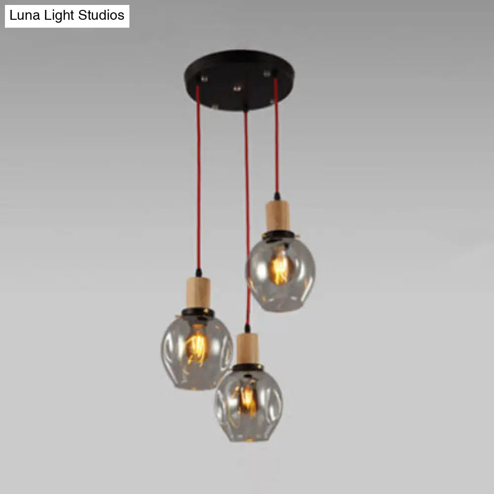 Industrial Dining Room Pendant: 3-Light Hanging Light with Blown Glass Bubble Shades in Clear/Amber/Smoke Grey