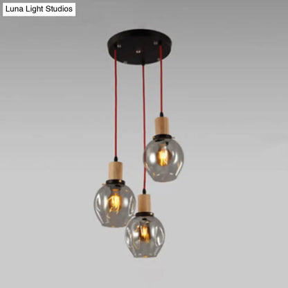 Industrial Dining Room Pendant: 3-Light Hanging Light with Blown Glass Bubble Shades in Clear/Amber/Smoke Grey