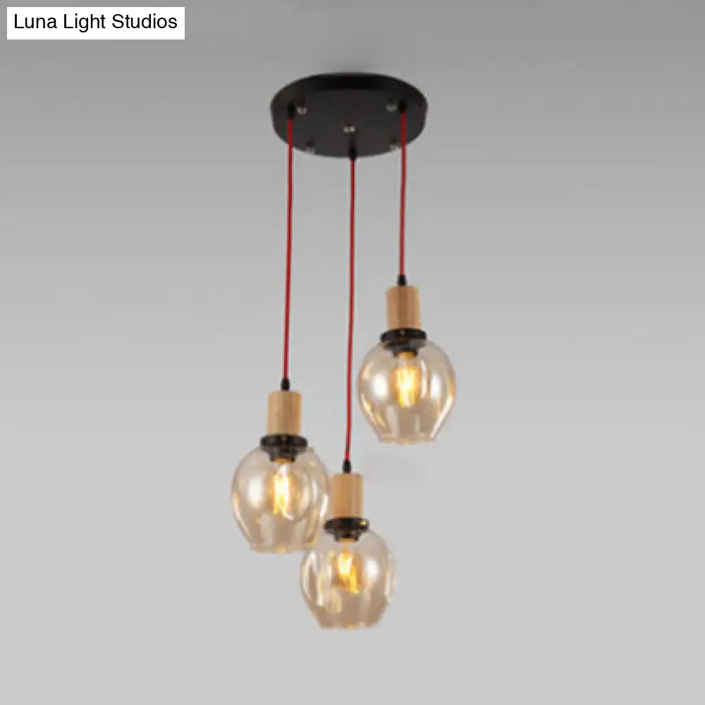 Industrial Dining Room Pendant: 3-Light Hanging Light with Blown Glass Bubble Shades in Clear/Amber/Smoke Grey