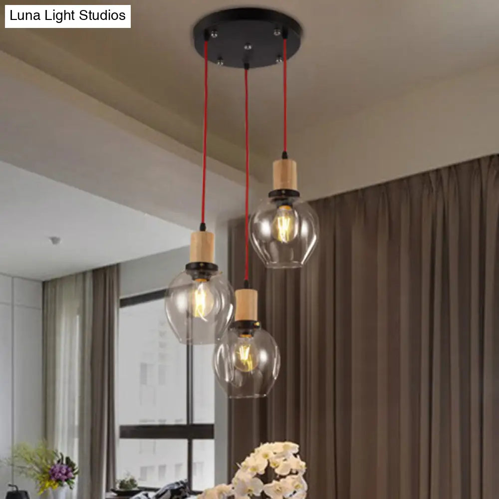 Industrial Dining Room Pendant: 3-Light Hanging Light with Blown Glass Bubble Shades in Clear/Amber/Smoke Grey