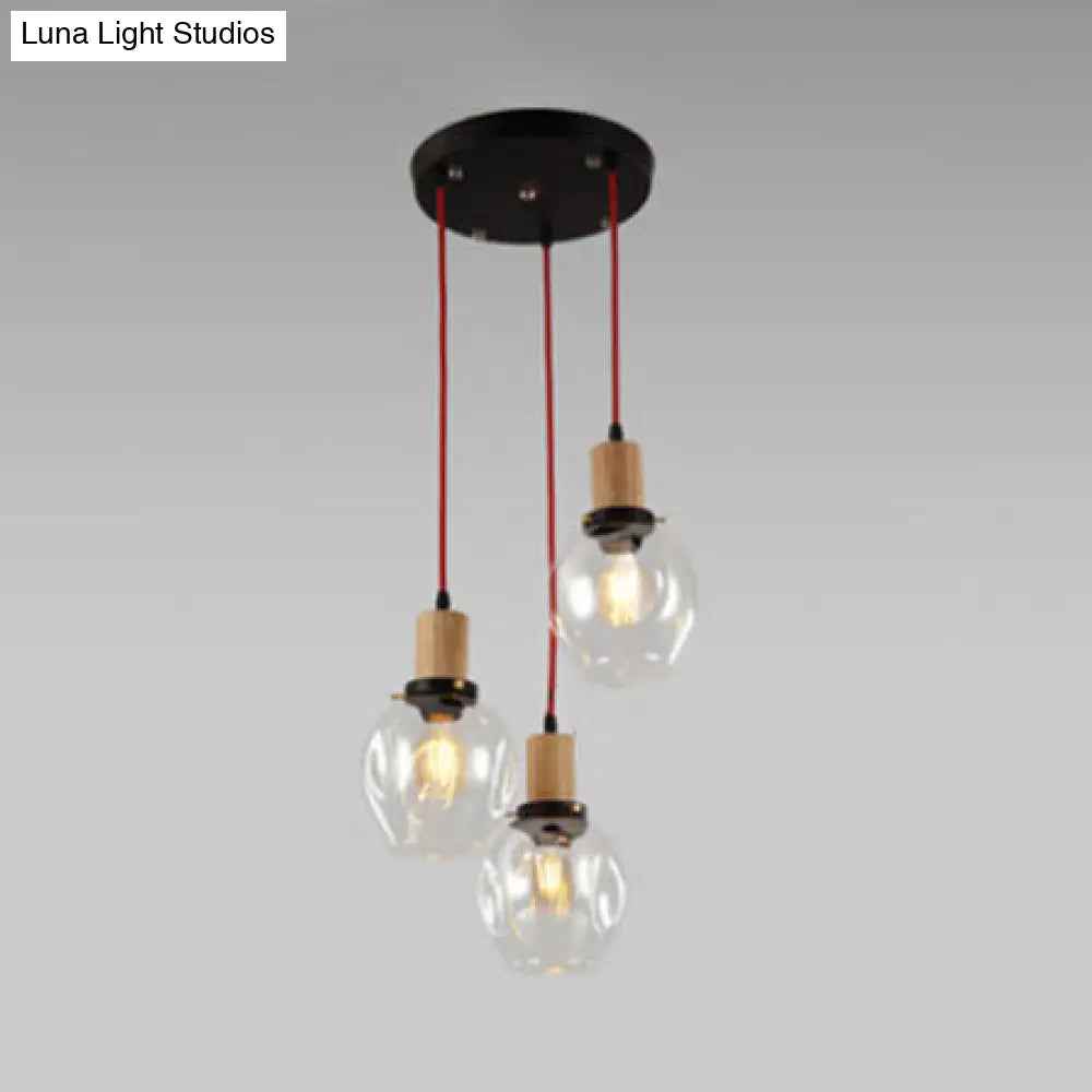 Industrial Dining Room Pendant: 3-Light Hanging Light with Blown Glass Bubble Shades in Clear/Amber/Smoke Grey